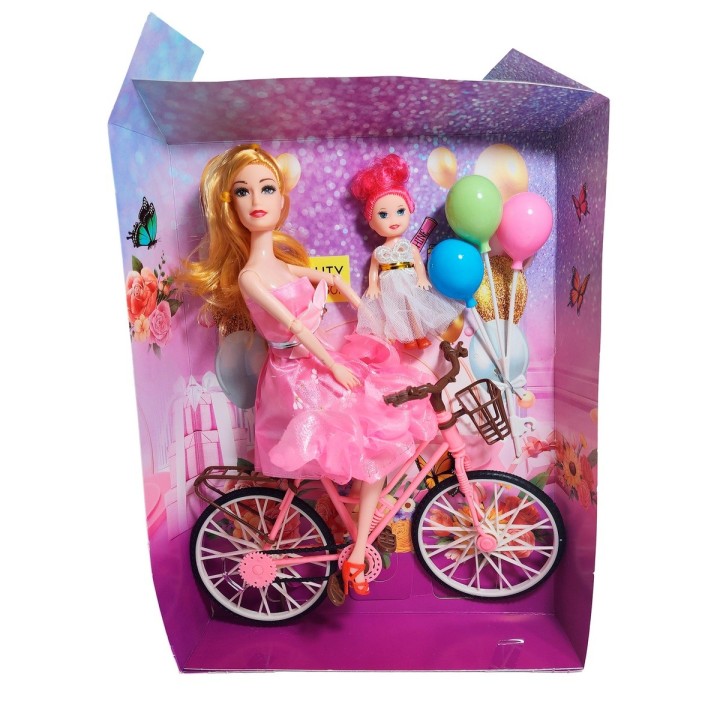 Muñeca Con Hija En Bicicleta + Globos De Juguete Niñas