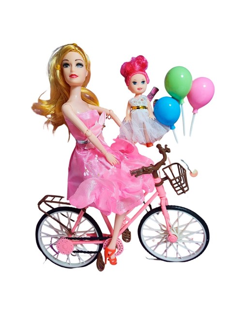 Muñeca Con Hija En Bicicleta + Globos De Juguete Niñas