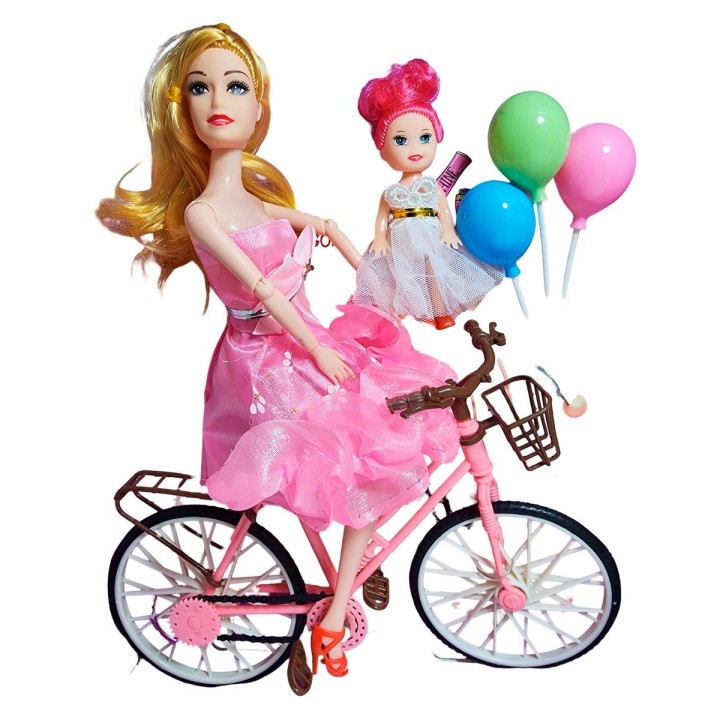Muñeca Con Hija En Bicicleta + Globos De Juguete Niñas