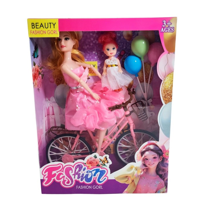 Muñeca Con Hija En Bicicleta + Globos De Juguete Niñas