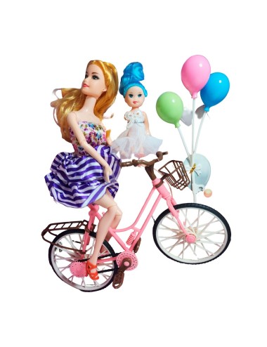 Muñeca Con Hija En Bicicleta + Globos De Juguete Niñas
