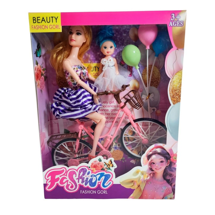 Muñeca Con Hija En Bicicleta + Globos De Juguete Niñas