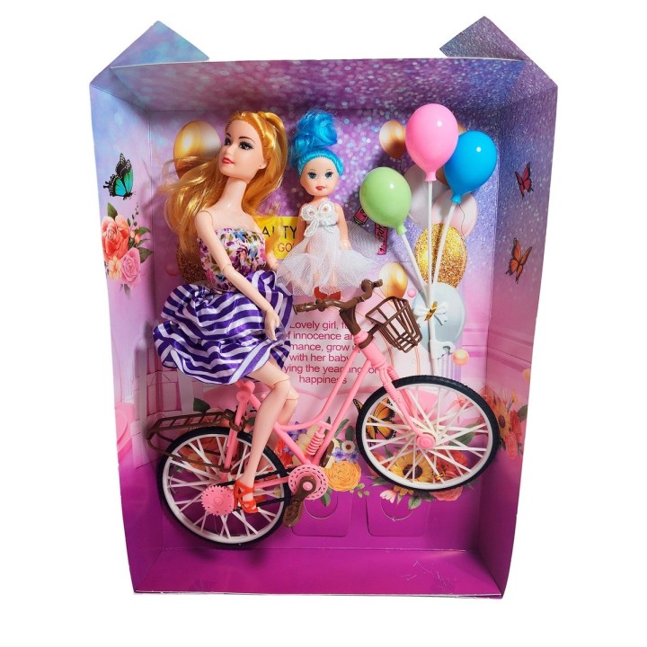 Muñeca Con Hija En Bicicleta + Globos De Juguete Niñas