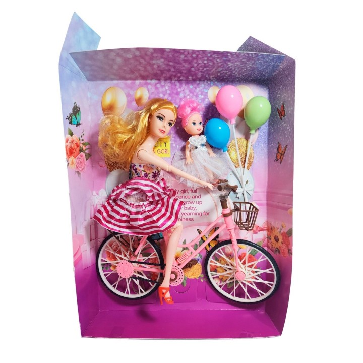 Muñeca Con Hija En Bicicleta + Globos De Juguete Niñas