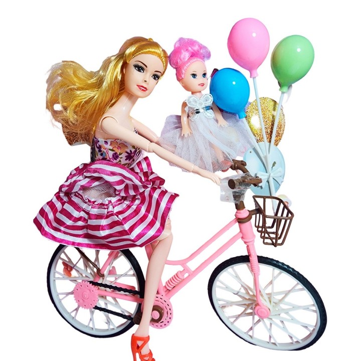 Muñeca Con Hija En Bicicleta + Globos De Juguete Niñas
