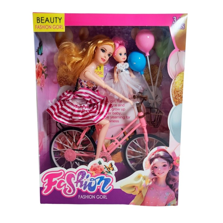 Muñeca Con Hija En Bicicleta + Globos De Juguete Niñas