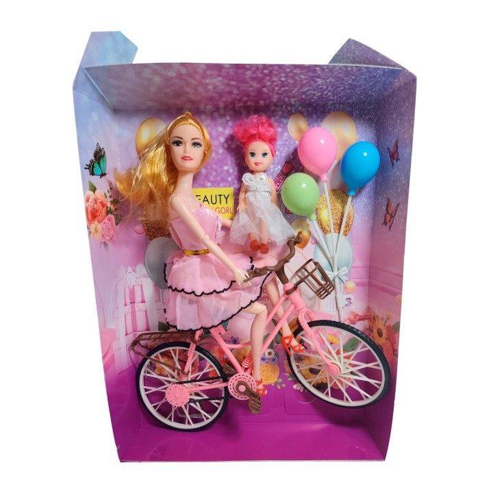 Muñeca Con Hija En Bicicleta + Globos De Juguete Niñas