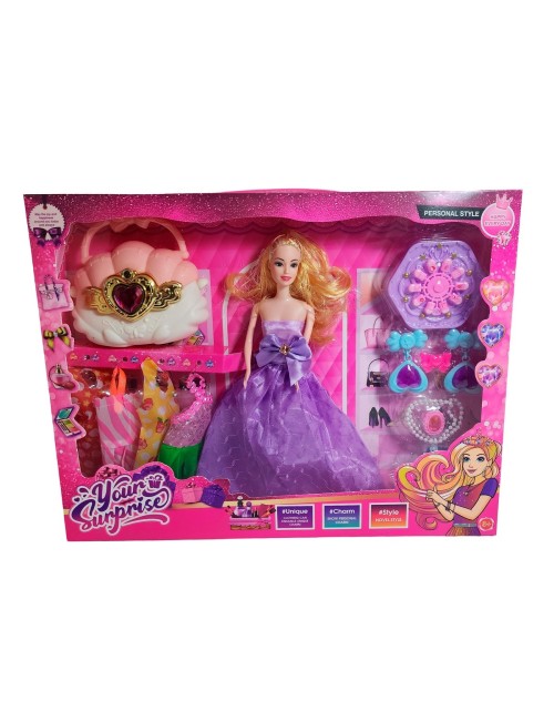 Muñeca Vestido Elegante De Gala Bolso + Accesorios Juguete