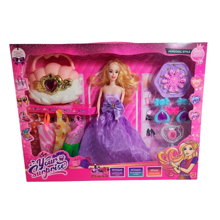Muñeca Vestido Elegante De Gala Bolso + Accesorios Juguete
