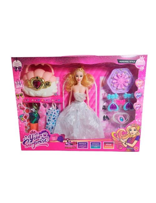 Muñeca Vestido Elegante De Gala Bolso + Accesorios Juguete