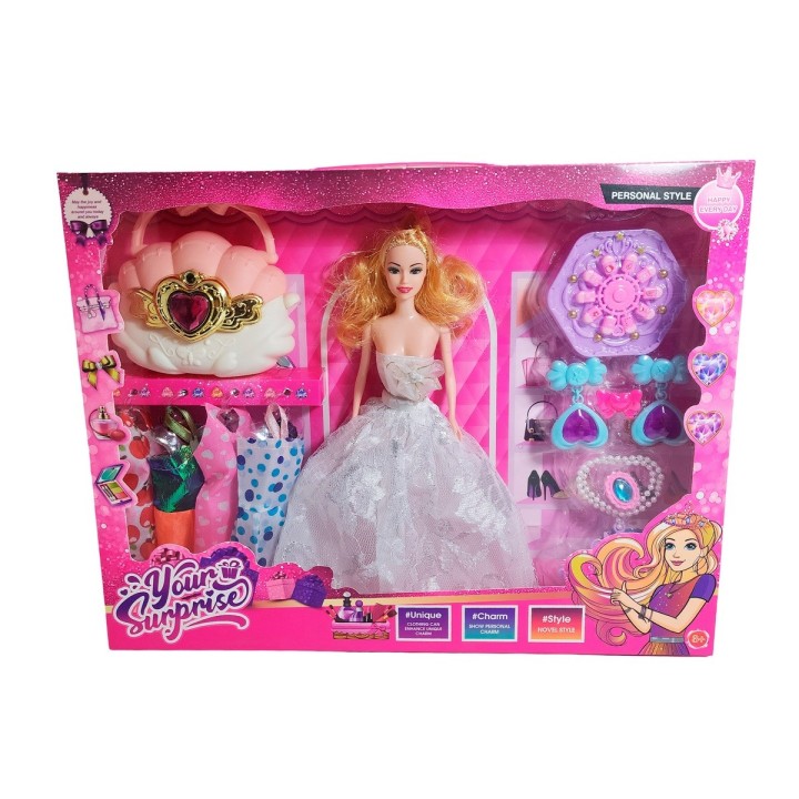 Muñeca Vestido Elegante De Gala Bolso + Accesorios Juguete
