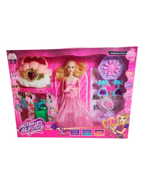 Muñeca Vestido Elegante De Gala Bolso + Accesorios Juguete