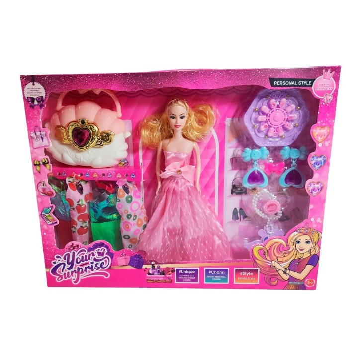 Muñeca Vestido Elegante De Gala Bolso + Accesorios Juguete