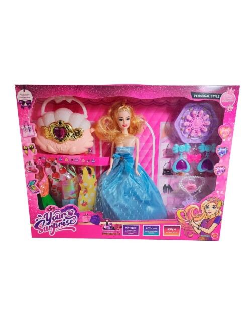 Muñeca Vestido Elegante De Gala Bolso + Accesorios Juguete