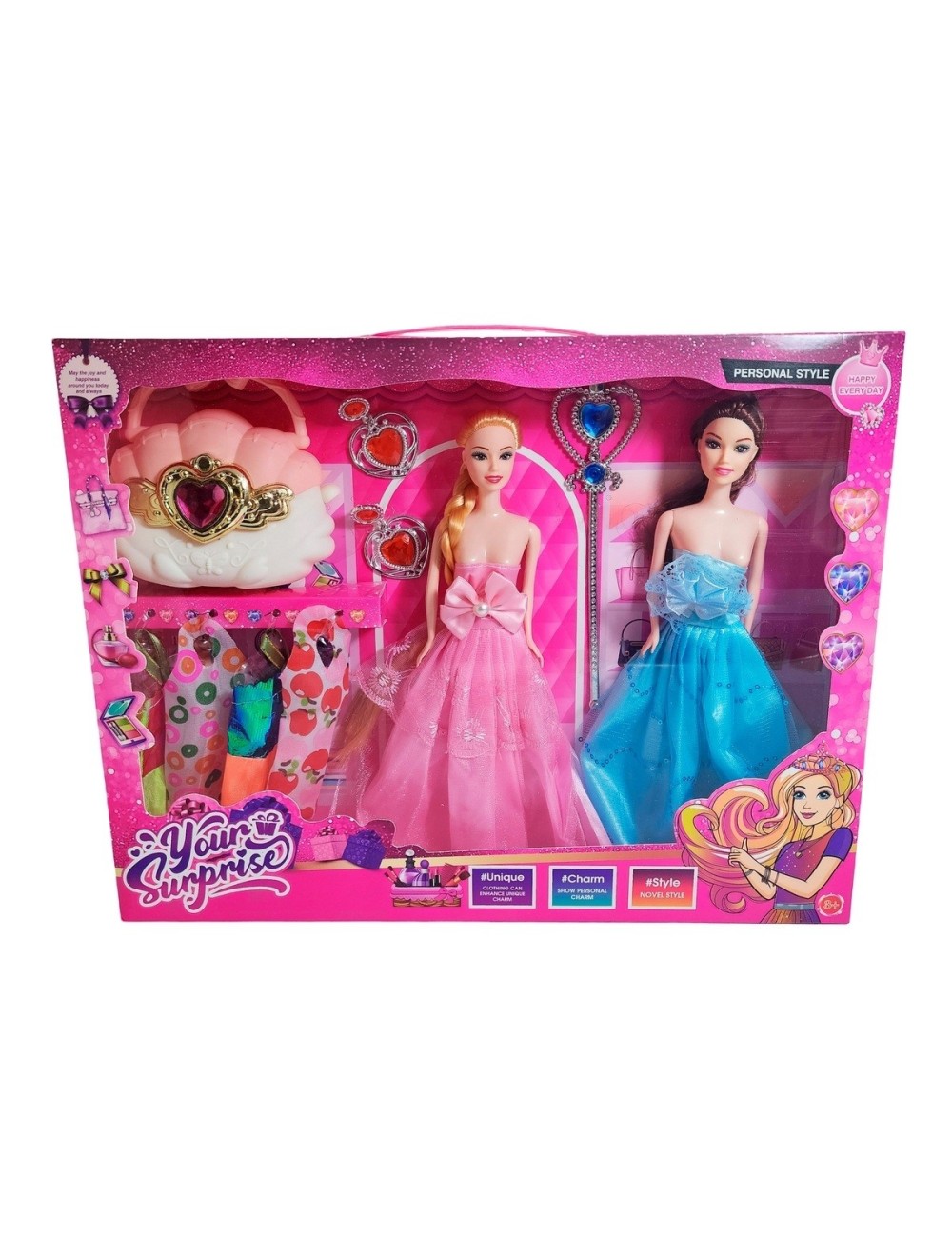 Muñeca Duo Vestidos Accesorios Princesas + Bolso Juguete