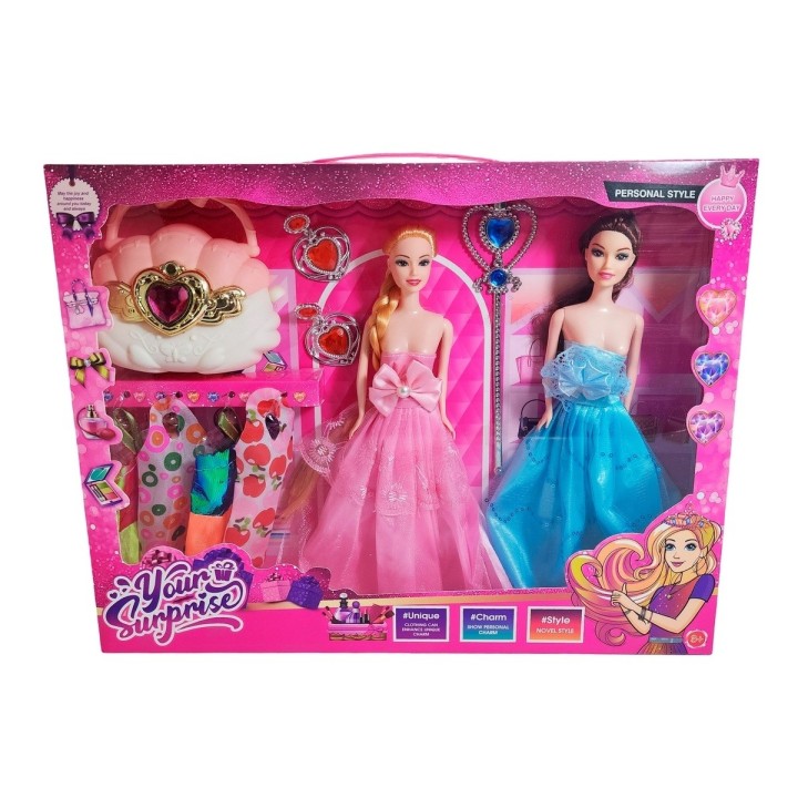 Muñeca Duo Vestidos Accesorios Princesas + Bolso Juguete