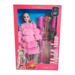 Muñeca Con Abrigo Peludo + Accesorios De Cabello Juguete
