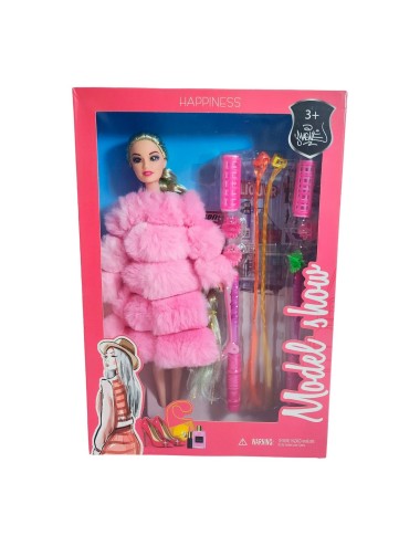 Muñeca Con Abrigo Peludo + Accesorios De Cabello Juguete