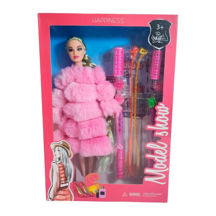 Muñeca Con Abrigo Peludo + Accesorios De Cabello Juguete