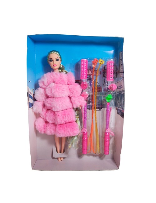 Muñeca Con Abrigo Peludo + Accesorios De Cabello Juguete