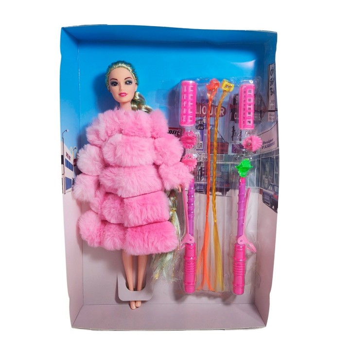 Muñeca Con Abrigo Peludo + Accesorios De Cabello Juguete