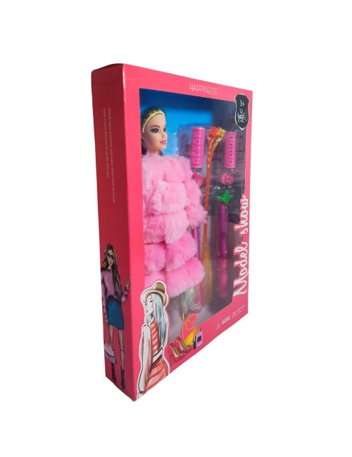 Muñeca Con Abrigo Peludo + Accesorios De Cabello Juguete