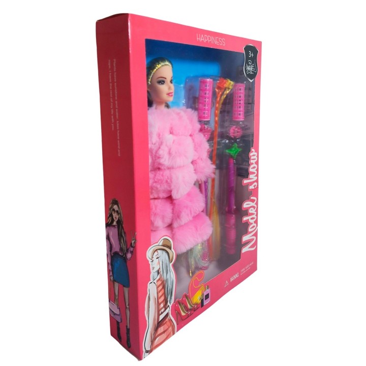 Muñeca Con Abrigo Peludo + Accesorios De Cabello Juguete