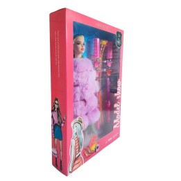 Muñeca Con Abrigo Peludo + Accesorios De Cabello Juguete