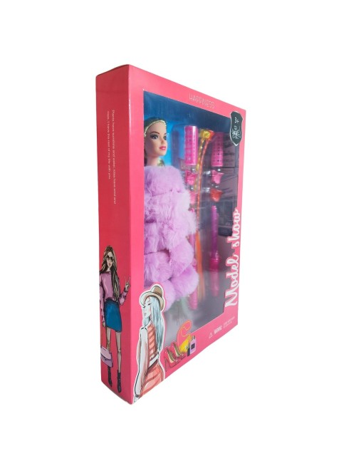 Muñeca Con Abrigo Peludo + Accesorios De Cabello Juguete