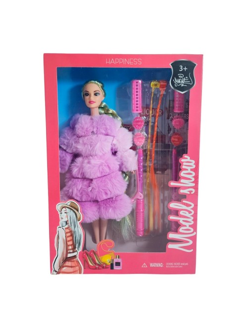 Muñeca Con Abrigo Peludo + Accesorios De Cabello Juguete