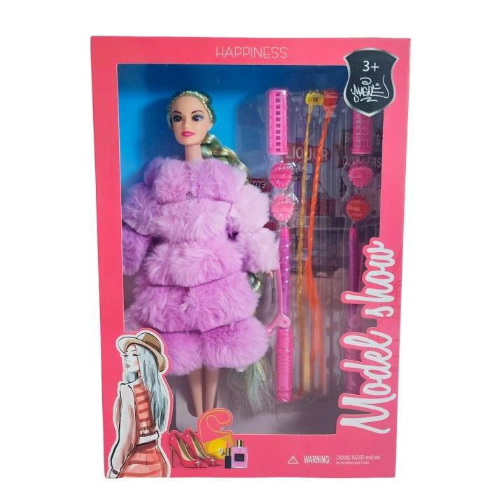 Muñeca Con Abrigo Peludo + Accesorios De Cabello Juguete