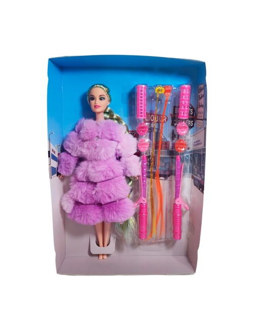 Muñeca Con Abrigo Peludo + Accesorios De Cabello Juguete