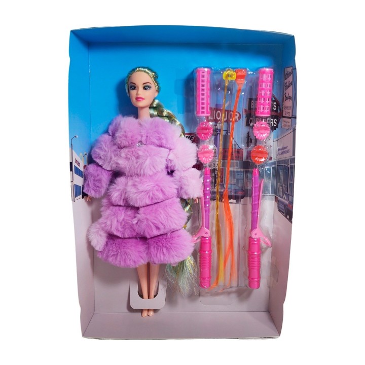 Muñeca Con Abrigo Peludo + Accesorios De Cabello Juguete