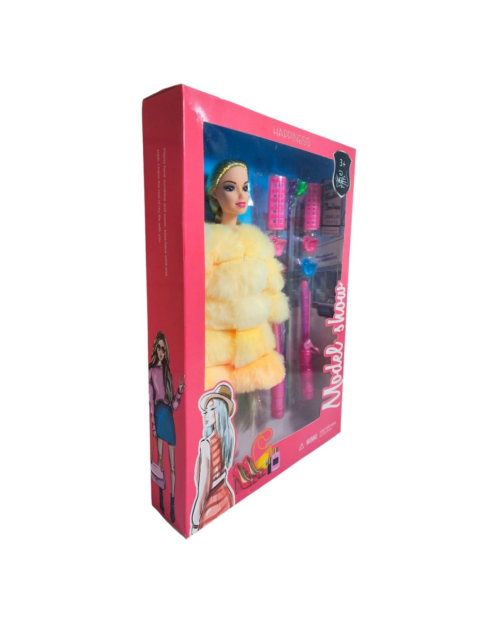 Muñeca Con Abrigo Peludo + Accesorios De Cabello Juguete