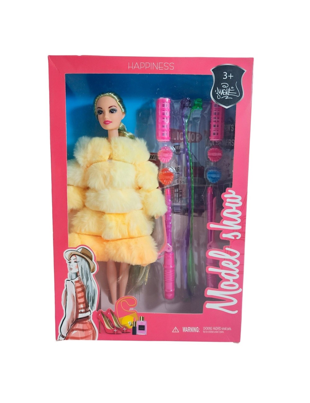 Muñeca Con Abrigo Peludo + Accesorios De Cabello Juguete