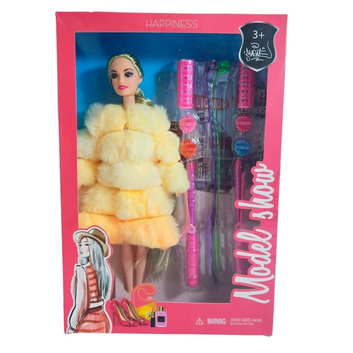 Muñeca Con Abrigo Peludo + Accesorios De Cabello Juguete