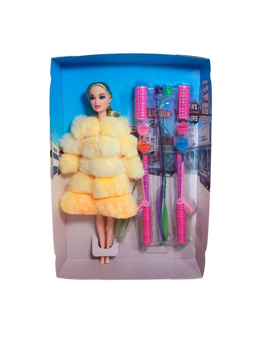 Muñeca Con Abrigo Peludo + Accesorios De Cabello Juguete