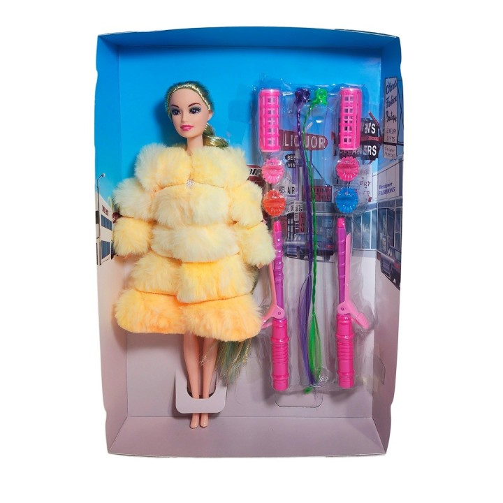 Muñeca Con Abrigo Peludo + Accesorios De Cabello Juguete