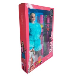 Muñeca Con Abrigo Peludo + Accesorios De Cabello Juguete