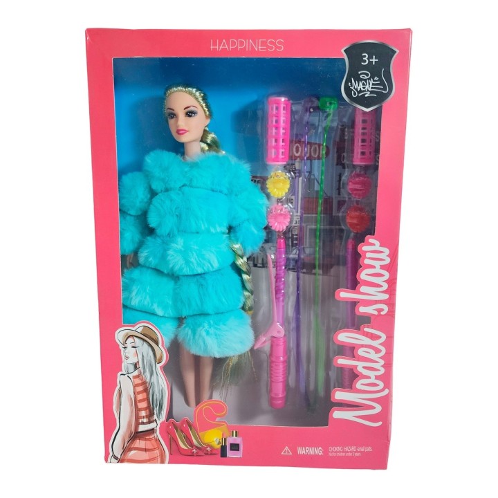 Muñeca Con Abrigo Peludo + Accesorios De Cabello Juguete