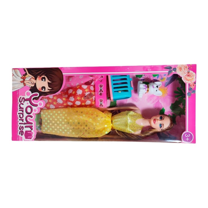 Muñeca Con Vestidos + Mascota Y Accesorio