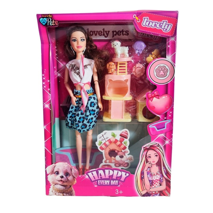 Muñeca Con Vestido + Casa De Mascotas Y Mascotas Accesorios