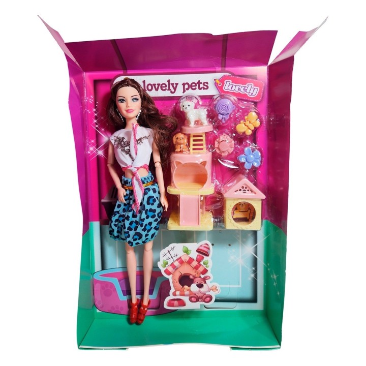 Muñeca Con Vestido + Casa De Mascotas Y Mascotas Accesorios