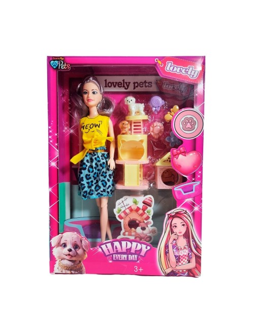 Muñeca Con Vestido + Casa De Mascotas Y Mascotas Accesorios