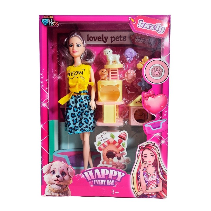 Muñeca Con Vestido + Casa De Mascotas Y Mascotas Accesorios