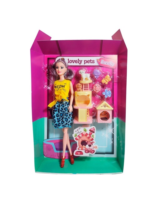 Muñeca Con Vestido + Casa De Mascotas Y Mascotas Accesorios