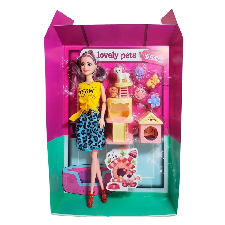 Muñeca Con Vestido + Casa De Mascotas Y Mascotas Accesorios
