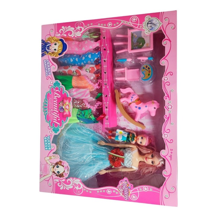 Muñeca Con Vestidos Con Hija Y Caballo Accesorios Juguete