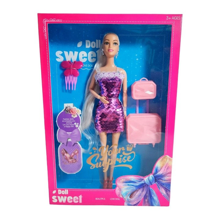 Muñeca Vestido De Lentejuelas + Accesorios Juguete Niñas