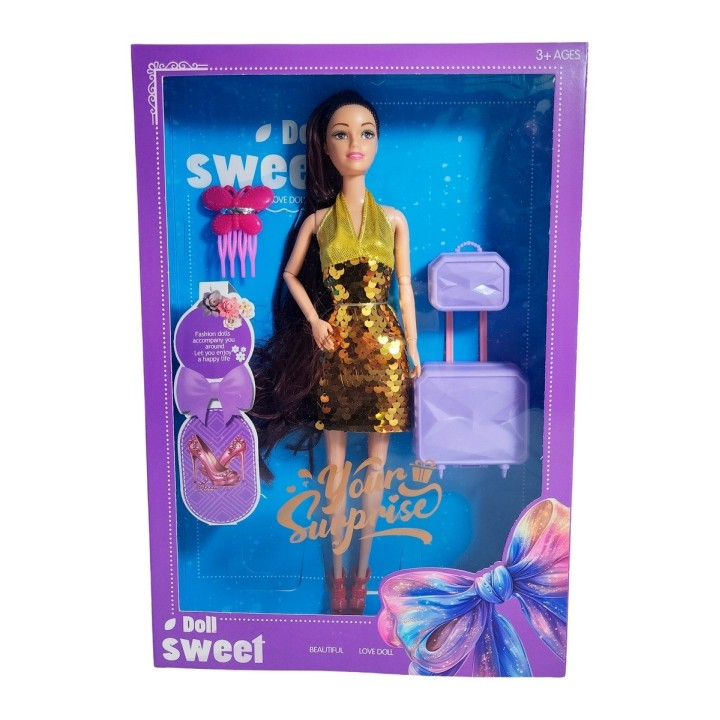 Muñeca Vestido De Lentejuelas + Accesorios Juguete Niñas
